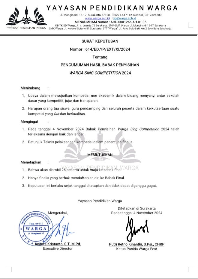 Pengumuman Finalis Warga Sing Competition 2024